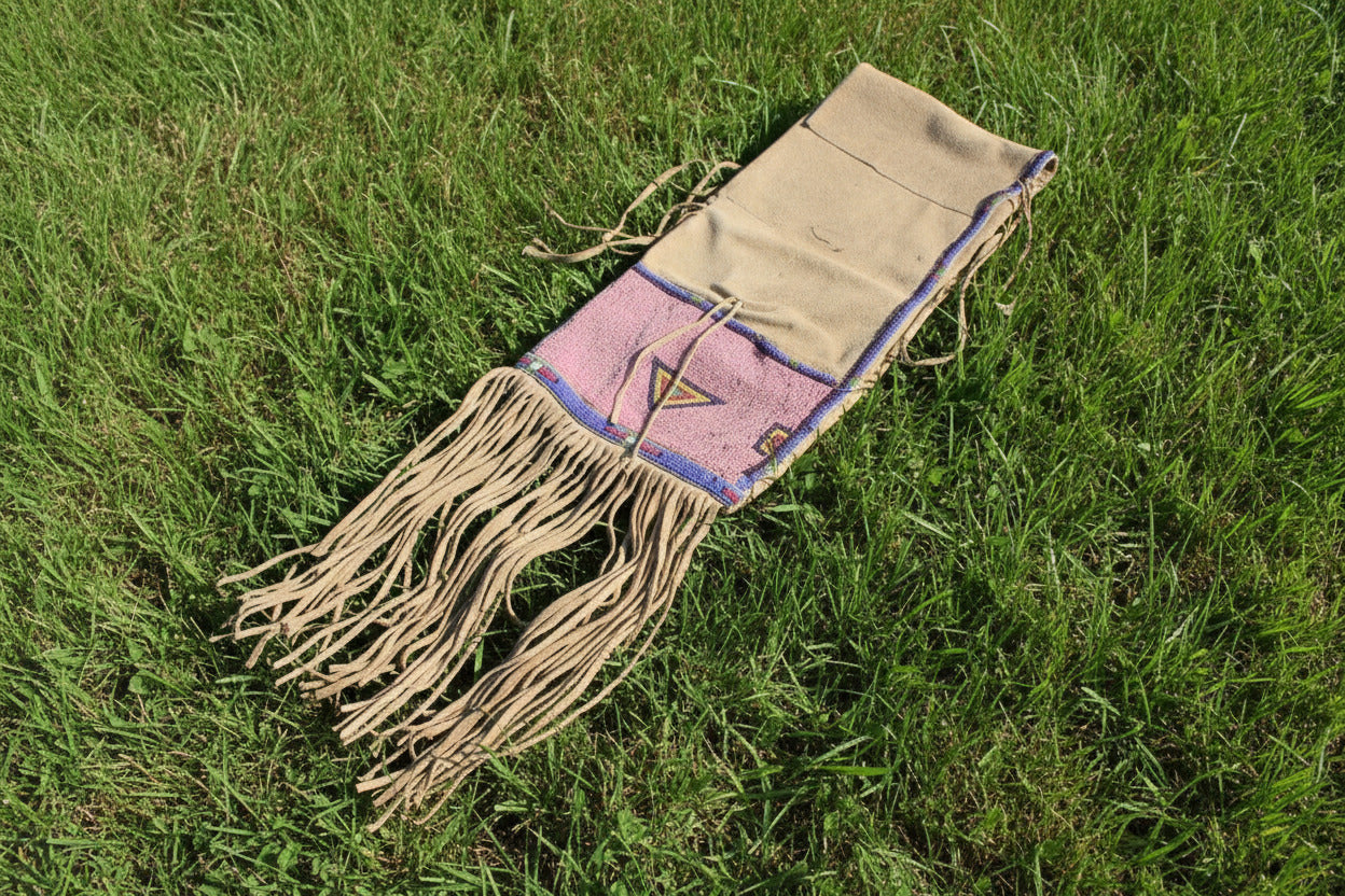 Traditional Native American Saddle bag with fringes and geometric patterns on a white background