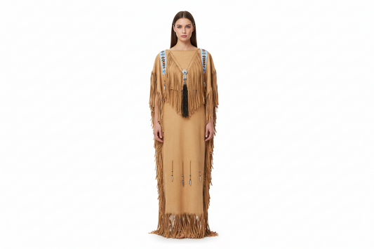 Beige fringe dress with decorative elements on a white background