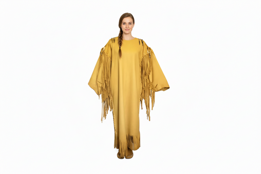 Yellow fringe dress on a mannequin against a white background