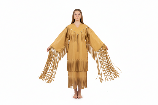 Yellow fringe dress on a mannequin against a white background