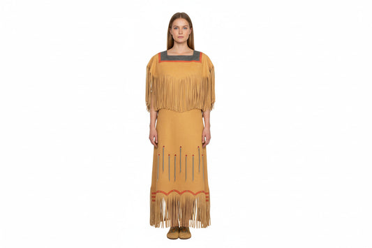 Traditional Native American wedding dress with fringes on a white background