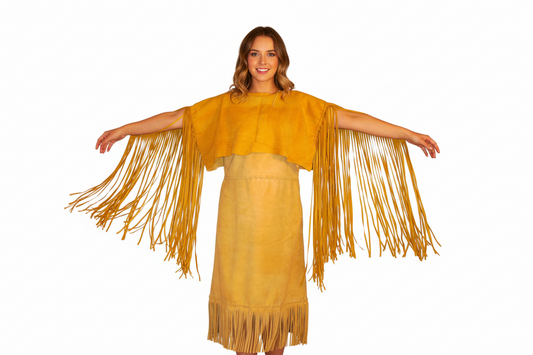 Yellow suede fringe dress on a mannequin against a white background