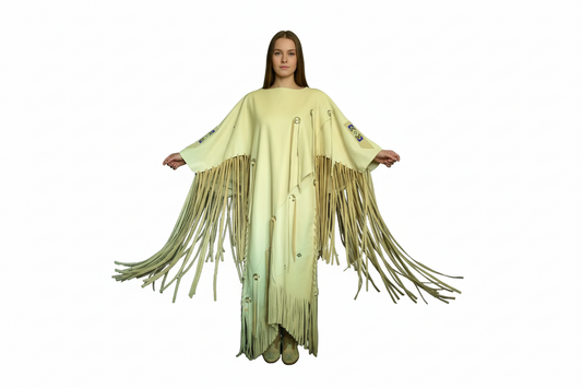 Light tan leather fringe jacket on a white background