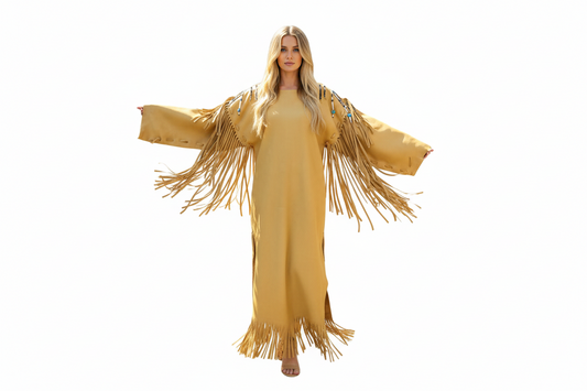Yellow fringe wedding dress on a female model against a white background