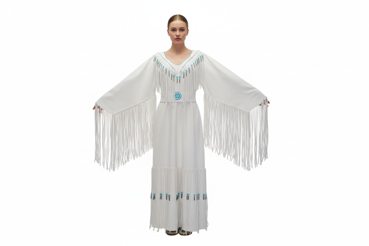 White dress with fringe details with beads on