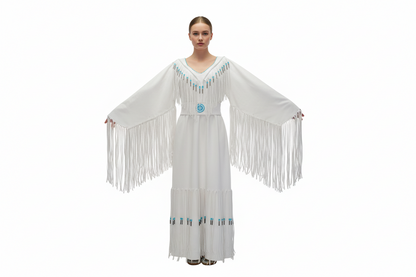 White dress with fringe details with beads on