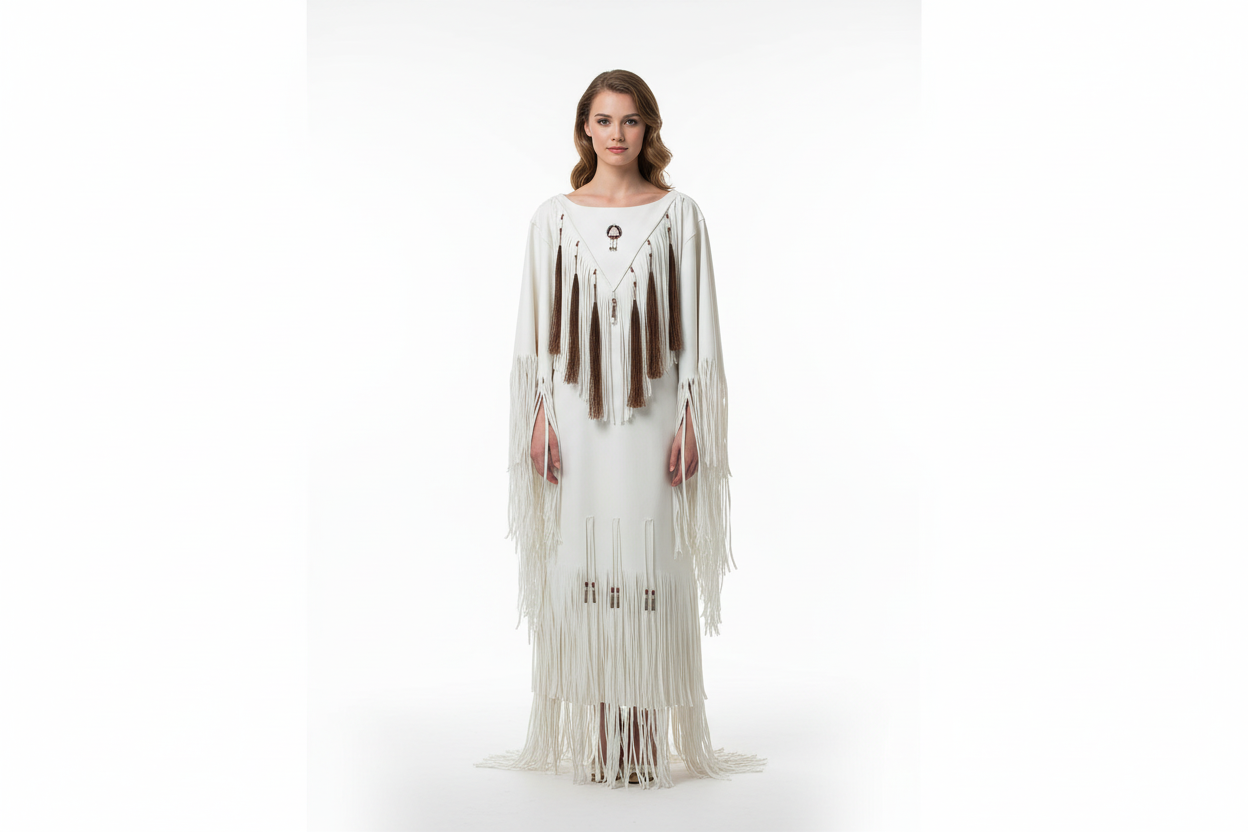 White leather dress poncho with fringe details on a white background