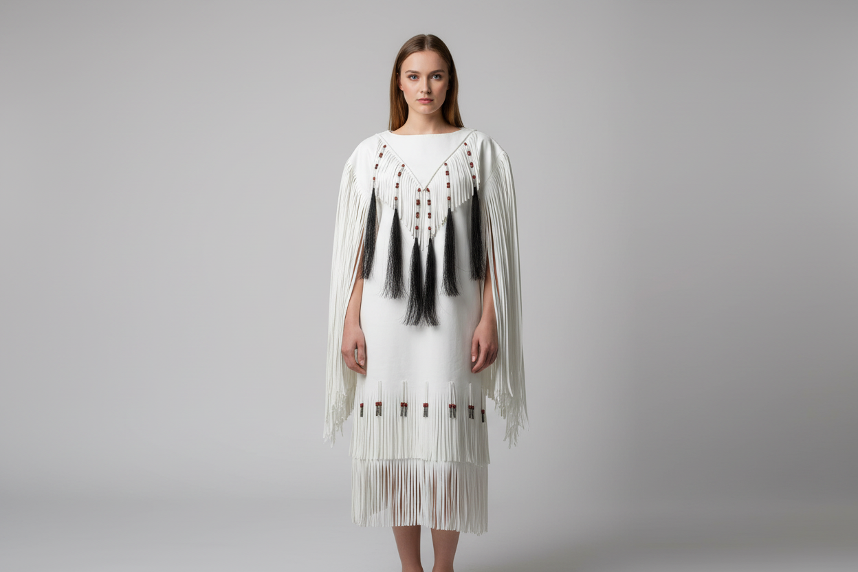 Native American Woman White Leather Dress I Wedding Dress PWD1049