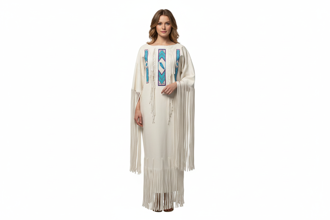 White leather fringe dress with blue beaded patterns for powwow festival