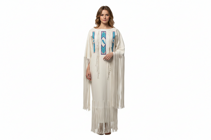 White leather fringe dress with blue beaded patterns for powwow festival