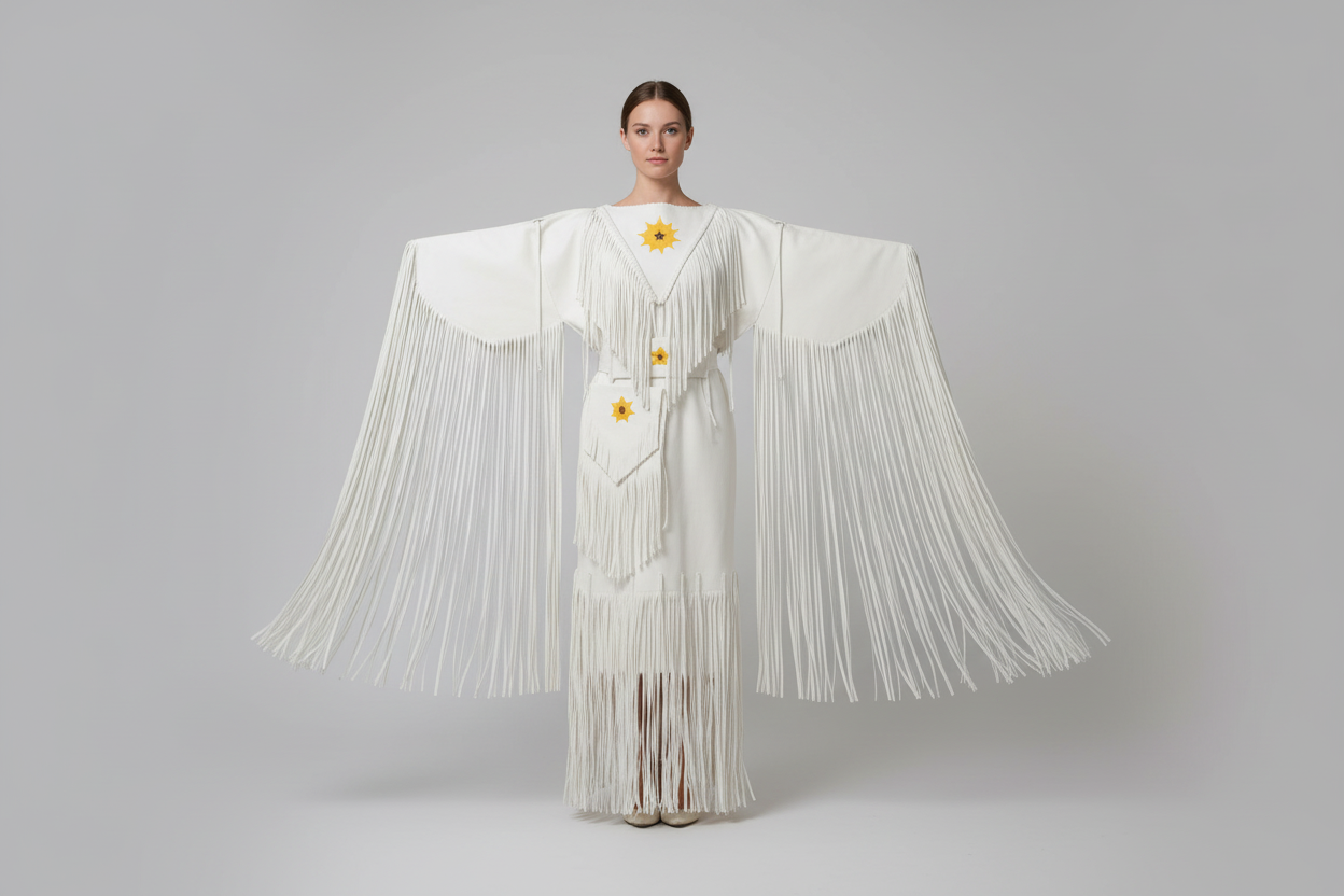 White fringe dress with yellow flower patterns on a white background