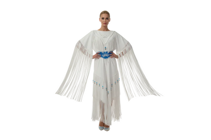 White fringe leather dress for woman with blue belt accents on a white background