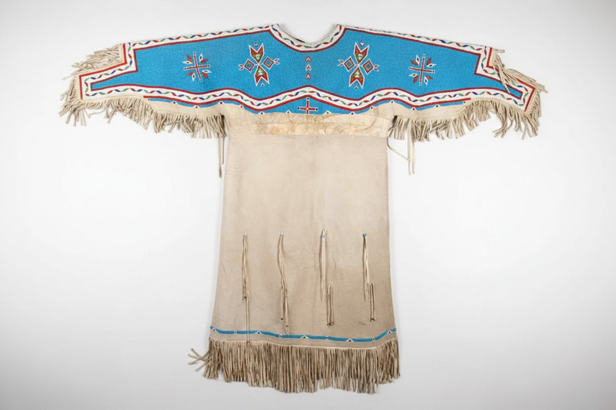 Native American Woman’s Blue Beaded Yoke Dress for Powwow PWYD512
