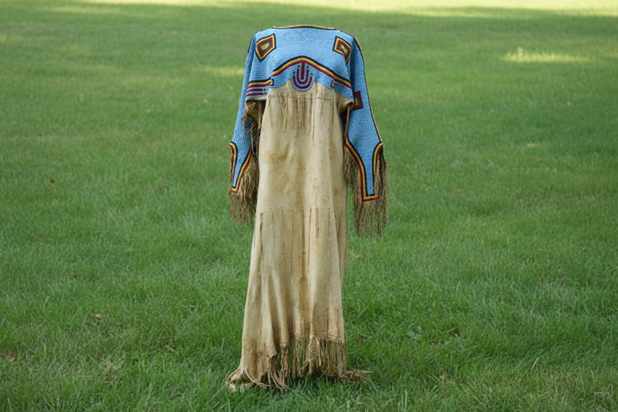 Woman’s Blue Beaded Yoke Dress for Powwow Traditional Festival Dress