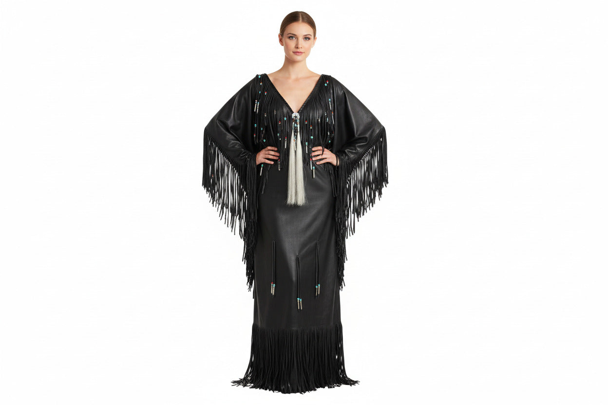 Black fringe dress with colorful accents on a white background