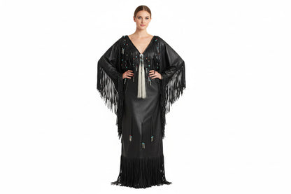 Black fringe dress with colorful accents on a white background