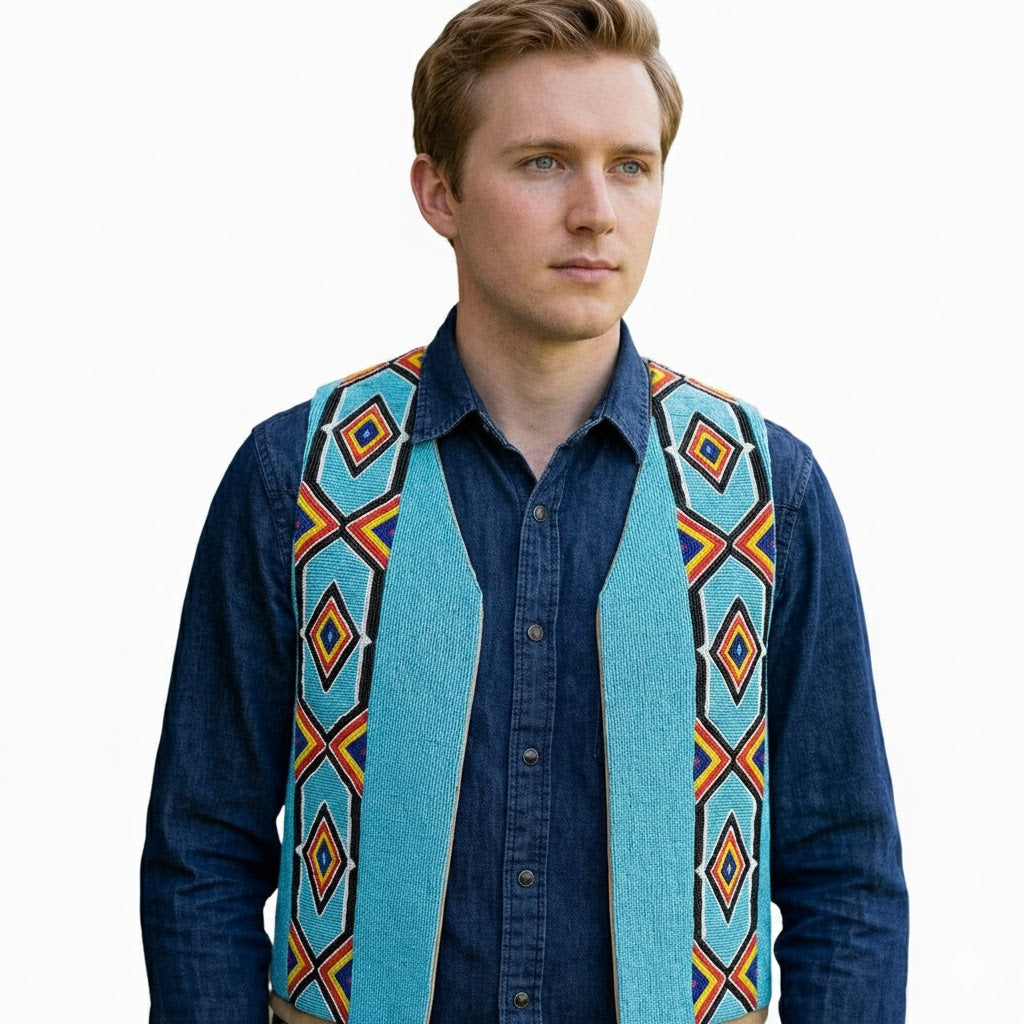 Native American Powwow Blue Beaded Vest for Men Custom Order