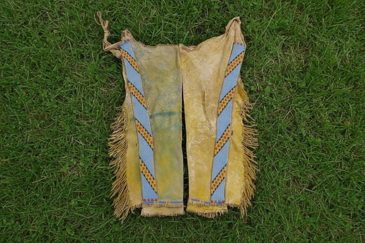 Traditional Native American leather vest with fringes and blue and brown pattern on a white background