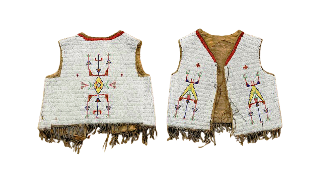 Two Native American-style vests with intricate patterns on a white background