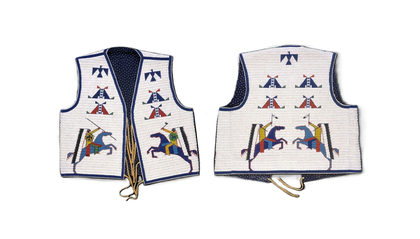 white beaded vests with horse designs on a white background