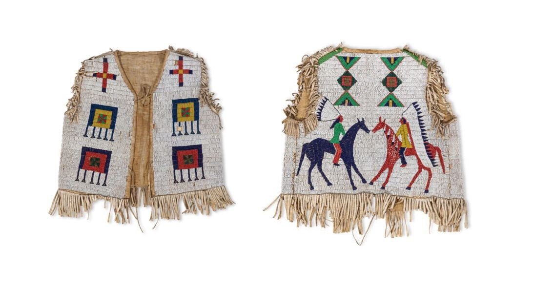 Two Native American-style vests with beadwork and fringes on a white background