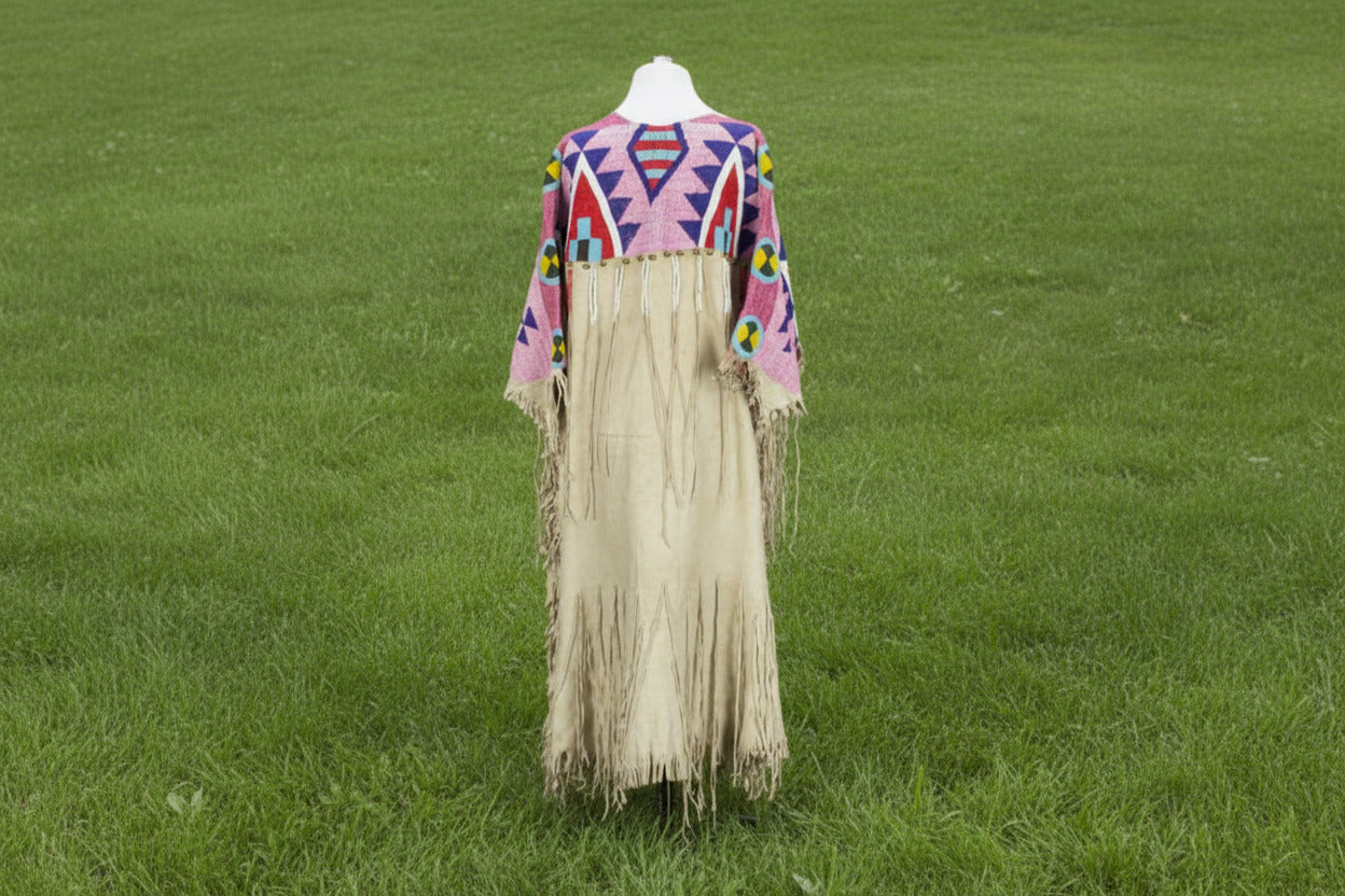 Native American Woman’s Pink Beaded Yoke Dress For Powwow