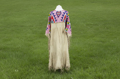 Native American Woman’s Pink Beaded Yoke Dress For Powwow