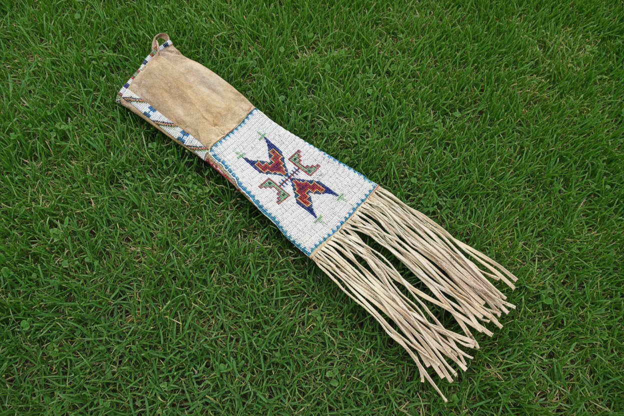 Traditional beaded and fringed garment on a white background