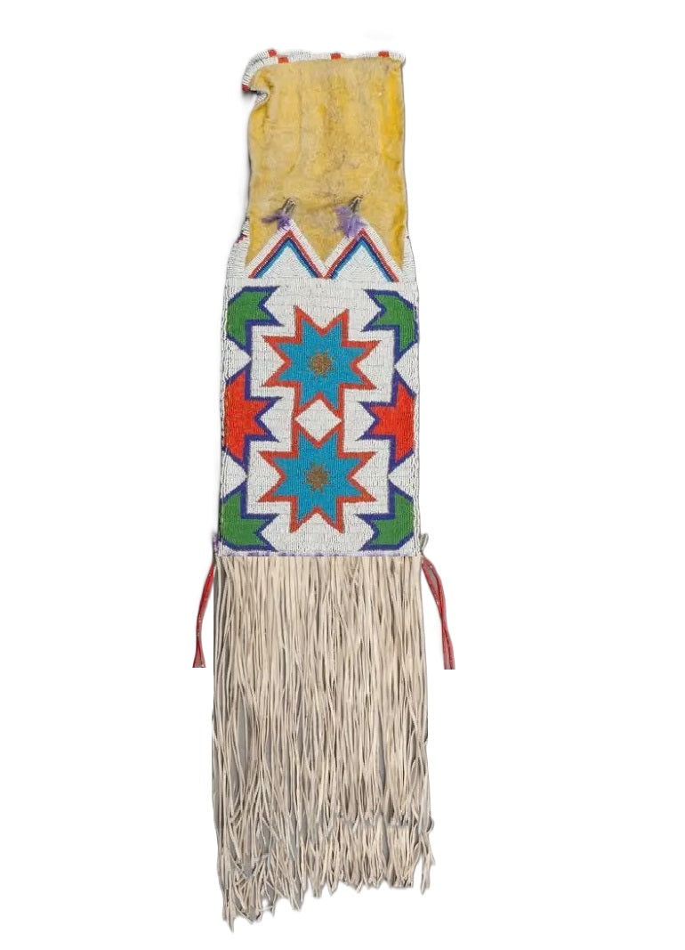 Traditional Native American pipe bag with colorful beadwork on a white background