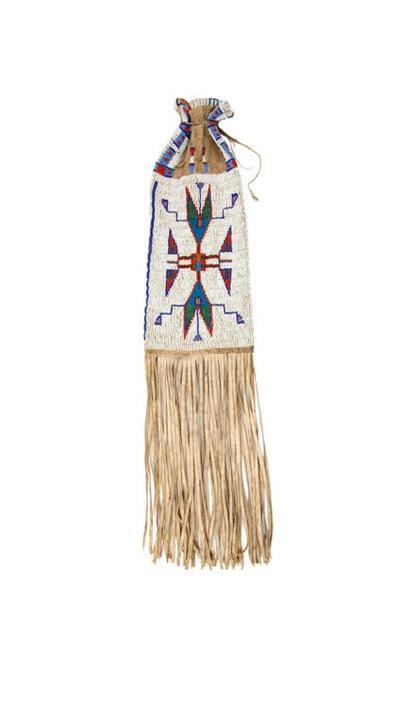 Decorative item with beaded design and fringes on a white background