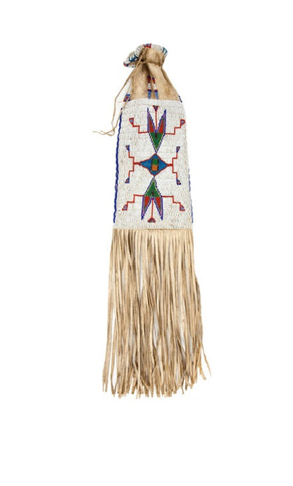 Decorative bag with beadwork and fringes on a white background
