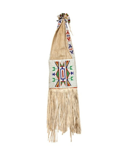 Traditional beaded pipe bag with fringes on a white background