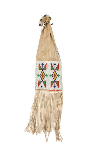 Decorative pipe bag with geometric patterns and fringes on a white background