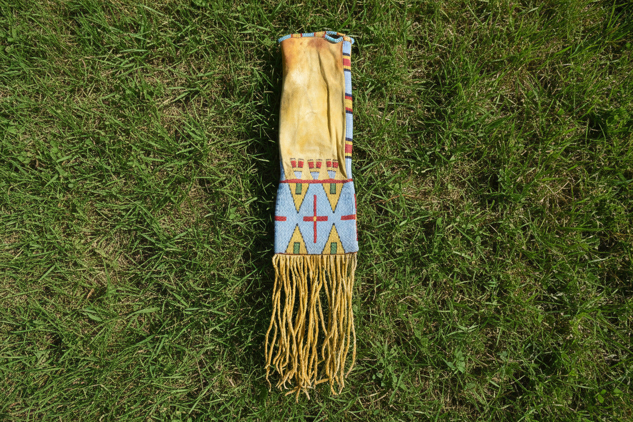 Decorative pipe bag with fringes and geometric pattern on a white background