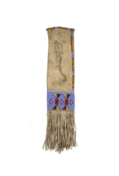 Decorative Native American pipe bag with beadwork and fringes on a white background