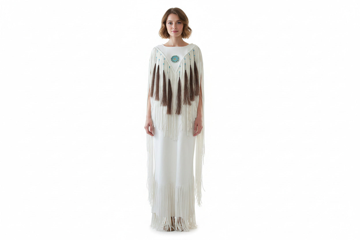Long buckskin leather dress with fringe details on a white background