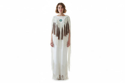 Long buckskin leather dress with fringe details on a white background
