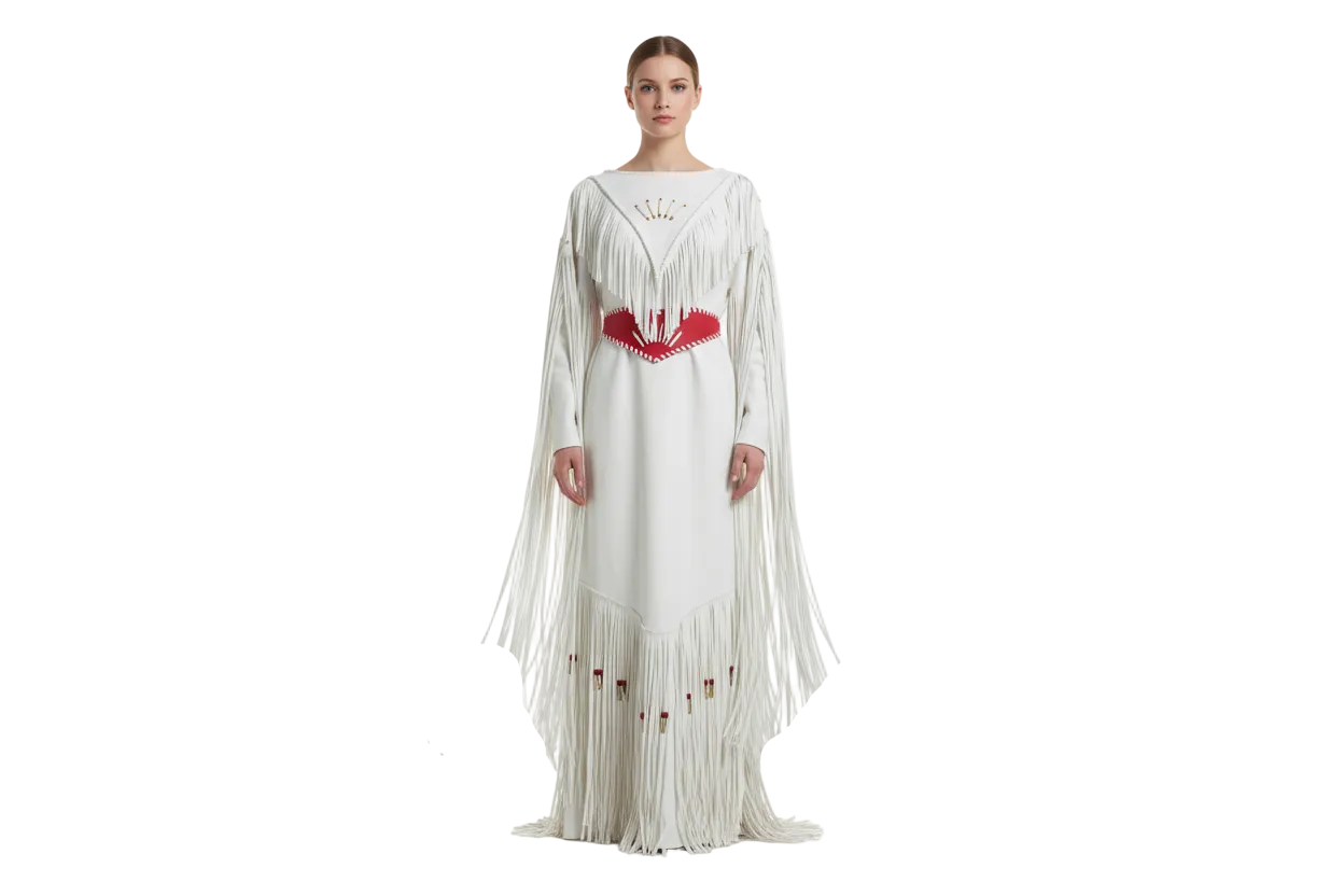 White Leather fringe dress with a red belt For POWWOW