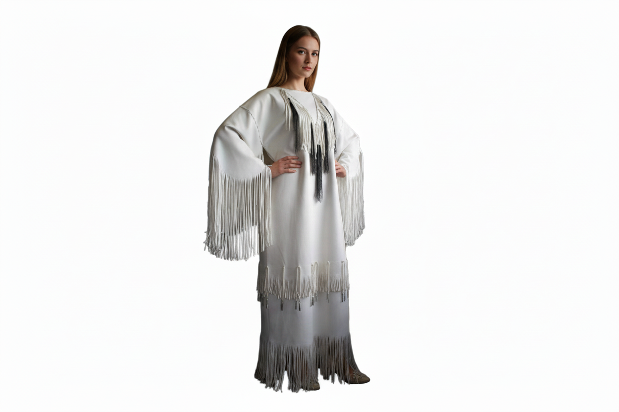white leather long fringe dress for powwow festival wedding dress