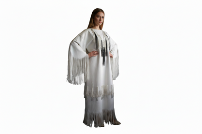 white leather long fringe dress for powwow festival wedding dress
