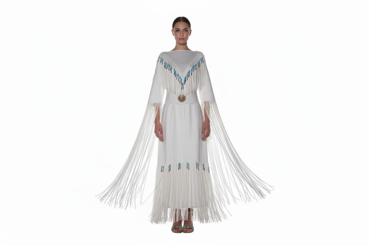 Long dress with fringe and bead details on a mannequin against a white background
