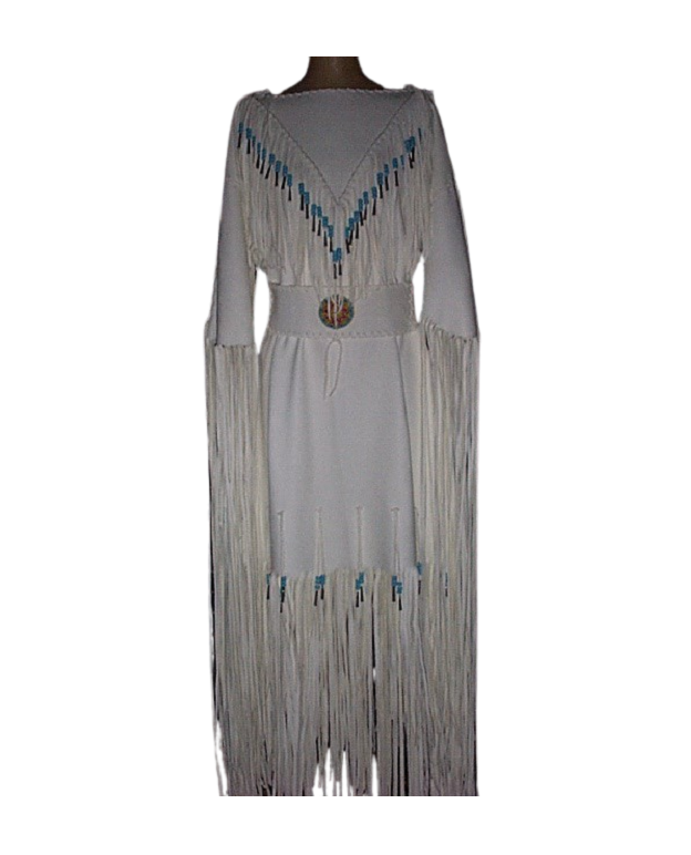 Long dress with fringe and bead details on a mannequin against a white background