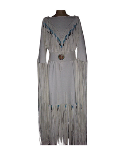 Long dress with fringe and bead details on a mannequin against a white background